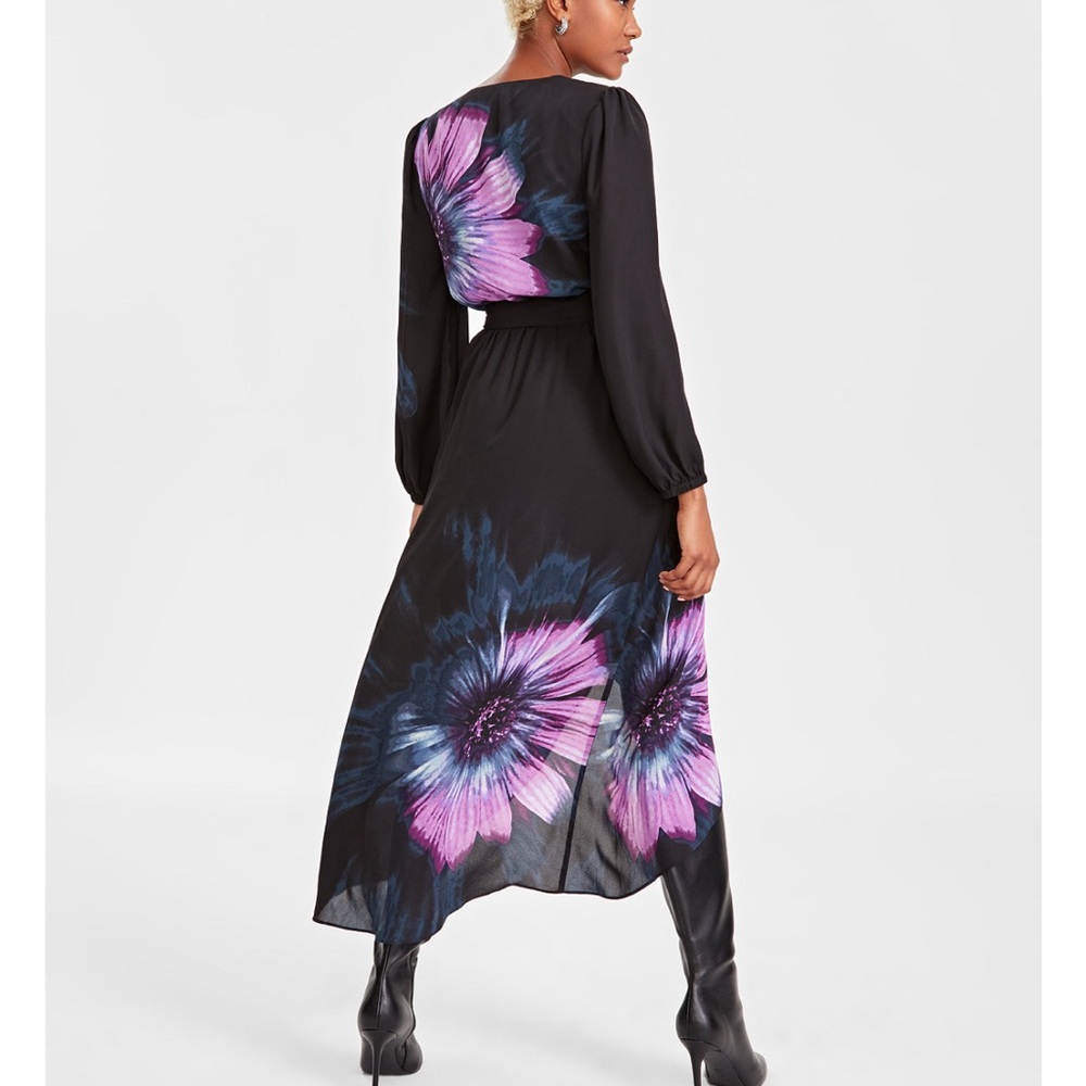 INC tie waist faux wrap dress